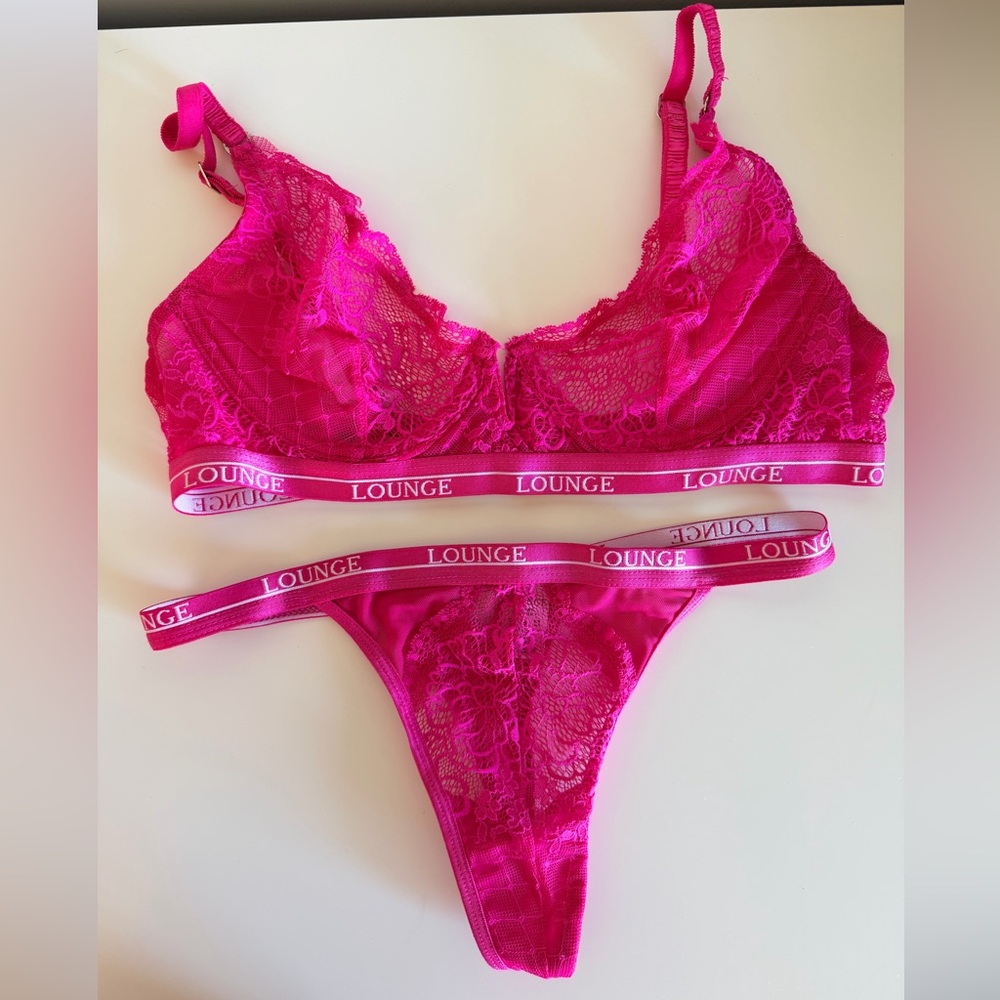 Lounge Underwear Underwire Lace Bralette & Thong Set in Hot Pink